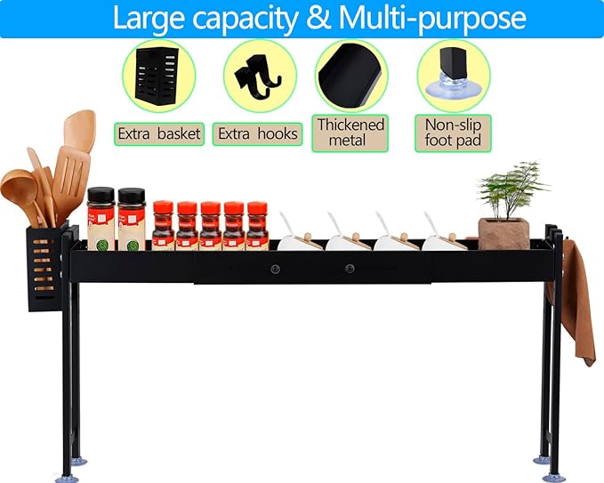 Over Stove Spice Shelf for Kitchen Spice Rack Organizer with Extra Black Basket and Hooks Great for Stove Top Shelf