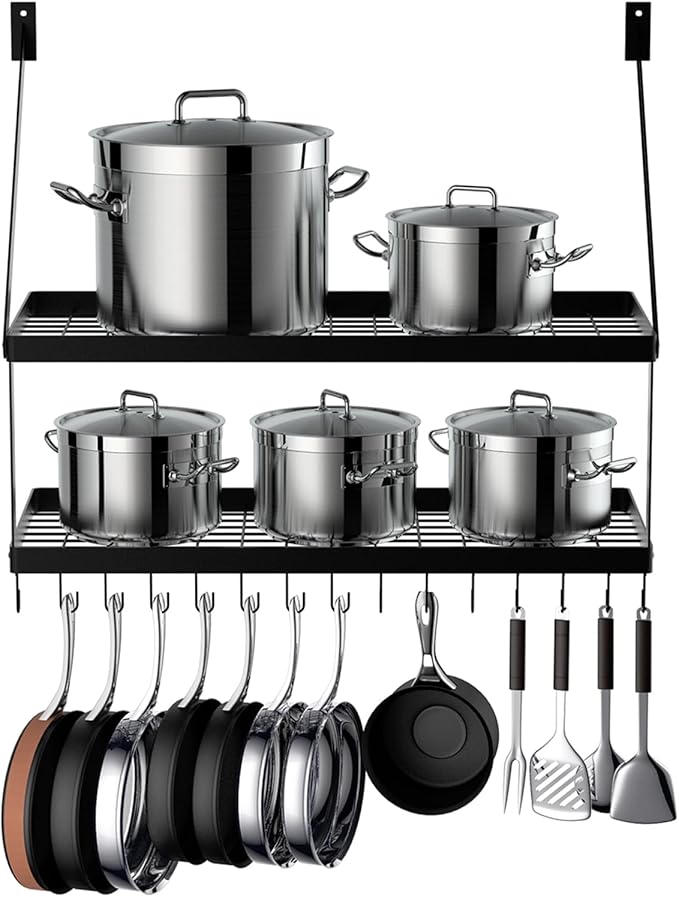 Square Grid Wall Mount Pot Rack with 2-Tier 15 Hooks, Kitchen Cookware Hanging Organizer Storage Shelf, 29.5 by 13.7-inch Black, KPR300B-BK