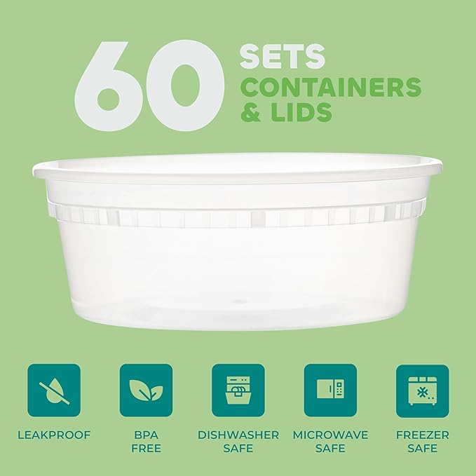 JoyServe Deli Food Containers with Lids - 8 oz 60 Sets- Ideal for Food, Snacks, Takeout, Meal Prep - 1 Cup Small Durable Clear Containers for Food - Stackable and Durable, Dishwasher & Microwave Safe