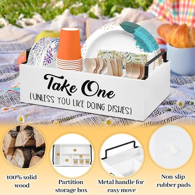 Lzhevsk Paper Plate Holders Silverware Caddy for Countertop, Kitchen Utensil Holder Organizer for Cutlery, Cups, Fork, Spoon, Wood Utensil Caddy Paper Plates Dispenser for Party Picnic BBQ