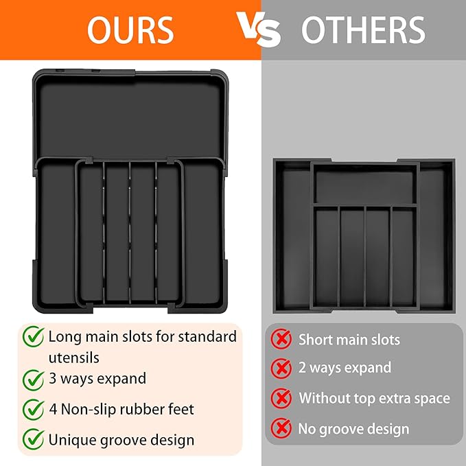 Silverware Organizer Expandable Utensil Drawer Organizer Adjustable Silverware Drawer Organizer, Flatware Cutlery Tray for Spoons Forks Knives Kitchen Organizers Storage,Black