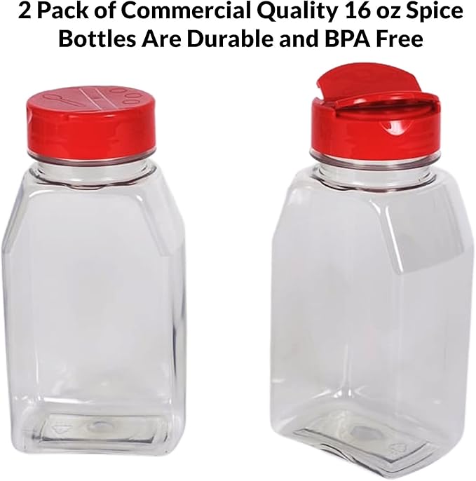 Skyway Supreme Large 16 OZ Plastic Spice Bottles Seasoning Containers Jars - Flap Cap Pour and Sifter Spice Shaker - Refillable Perfect For Storing Dispensing Herbs BBQ Rub - BPA Free - Set of 2