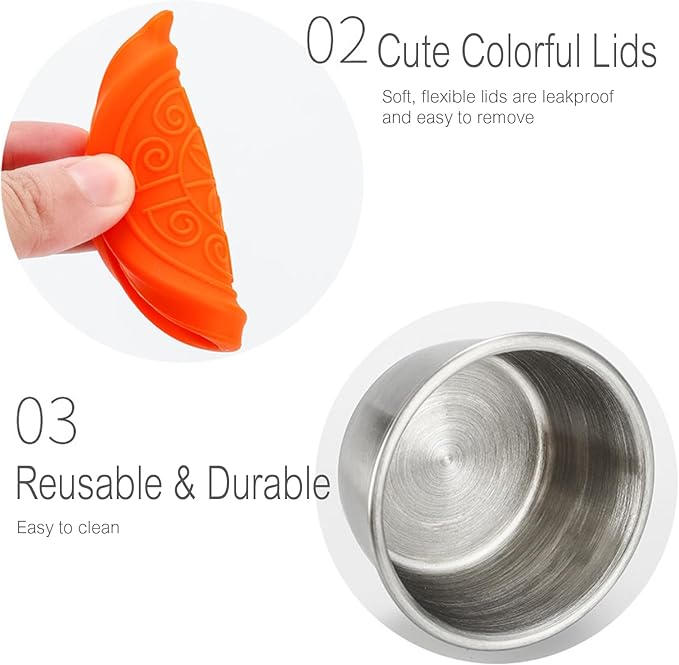 6-Piece Condiment Cups with Colorful Silicone Lids, 50ml Leak-Proof Metal Condiment Container, Stainless Steel Small Sauce Cups Ramekins Perfect for Outdoor Picnics, BBQ, Camping Sauce Storage