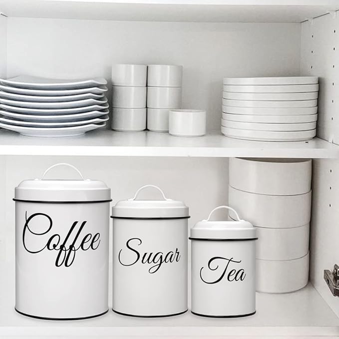 Cibeat Canister Set for Kitchen Counter, Airtight White Vintage Canisters Sets, 3pcs Rustic Farmhouse Kitchen Decor, for Coffee, Flour, Sugar, Tea Storage
