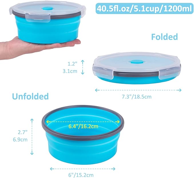 Collapsible Food Storage Containers with Airtight Lid & Vent, 40.5 oz, Kitchen Stacking Silicone Collapsible Meal Container Set for Leftover, Microwave Freezer Dishwasher Safe, Blue Round, Set of 4