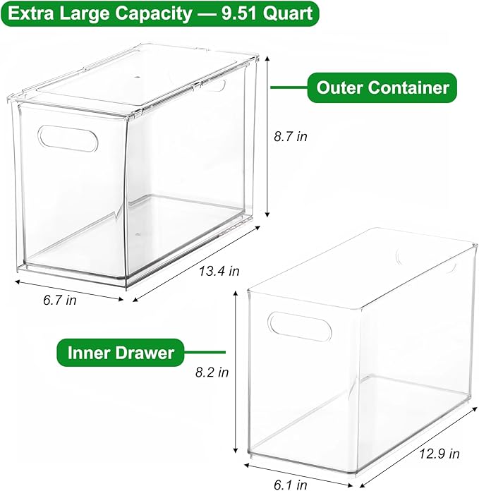 Taiuloo Stackable Refrigerator Organizer Bins with Pull-Out Drawer, Clear BPA-Free Food Storage Containers for Fridge Freezer, Kitchen Pantry Cabinet & Bathroom Vanity Organization, 9.51Quart