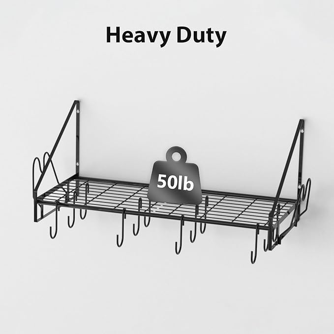 35 Inch Pot Rack Wall Mounted, Pots and Pans Organizer with 12 Hooks and 2 Pot Lid Holders, Heavy Duty Steel Pot and Pan Hanger for Kitchen Cookware Utensils Storage 34.7" Lx13 Wx12.6 H