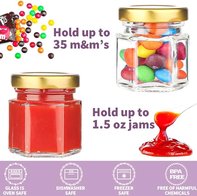 60 Pcs Small Glass Containers with Airtight Lids, 1.5 oz Mini Honey Jars for Wedding Favor, Baby Shower, Small Hexagon Candle Jars for Making Candles, Body Butter, Jam, Spices, Herbs, DIY Gift
