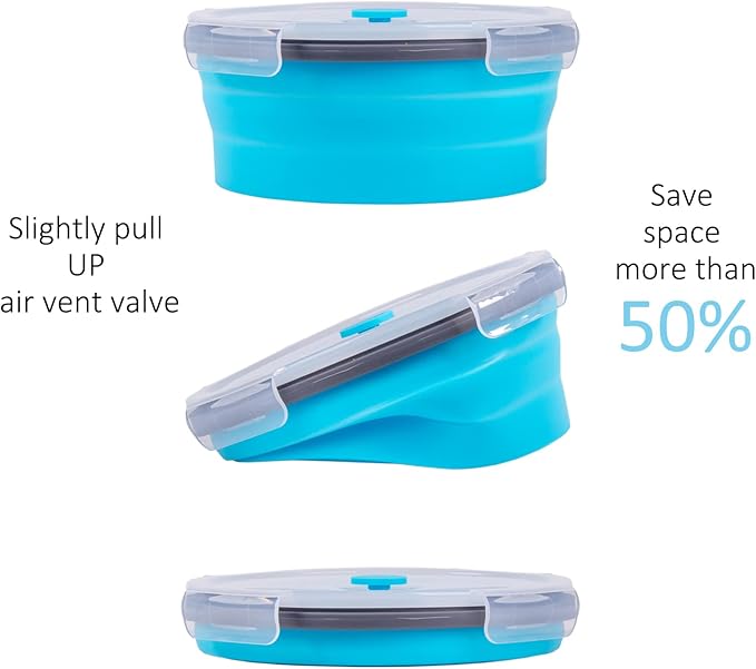 Collapsible Food Storage Containers with Airtight Lid & Vent, 40.5 oz, Kitchen Stacking Silicone Collapsible Meal Container Set for Leftover, Microwave Freezer Dishwasher Safe, Blue Round, Set of 4