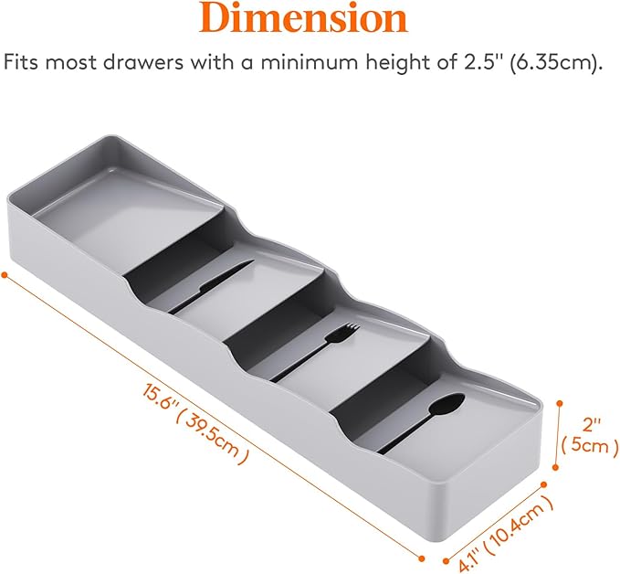 Lifewit Compact Flatware Drawer Organizer, Narrow Silverware Tray for Kitchen Drawers, Plastic Cutlery Holder for Spoons, Forks and Knives, Utensils Storage Organization, 2 Pack, Gray