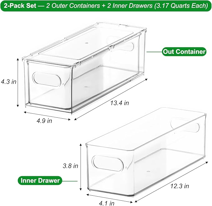 Taiuloo 2 Pack Stackable Refrigerator Organizer Bins with Pull-Out Drawer, Clear BPA-Free Food Storage Containers for Fridge Freezer, Kitchen Pantry Cabinet & Bathroom Vanity Organization