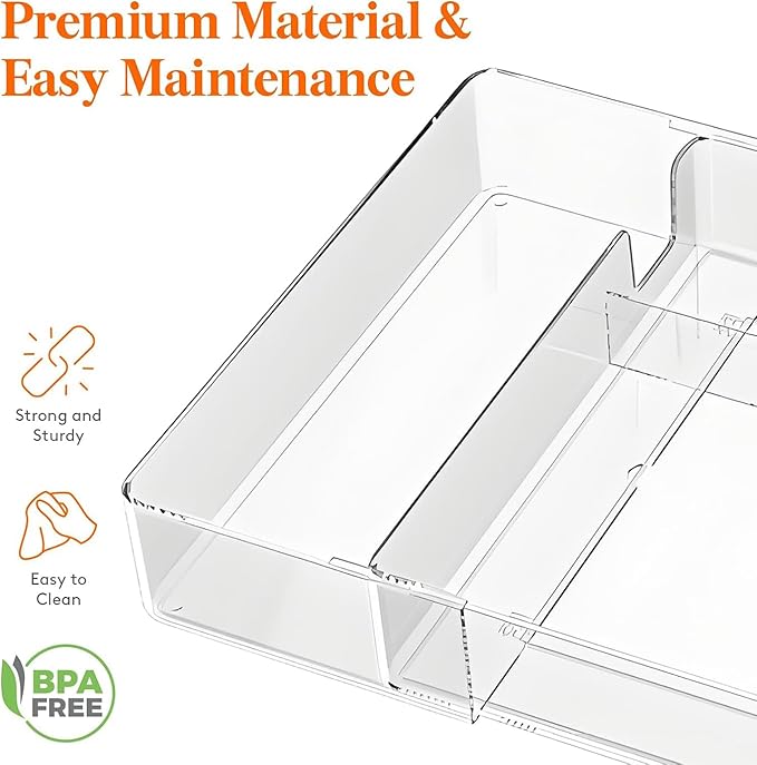 Expandable Adjustable Kitchen Drawer Organizer - Clear Multi-Purpose Tray for Silverware, Cutlery, Utensils, Stationery, Home Office Tools - Customizable Storage for Forks,Knives,Spoons,Pens