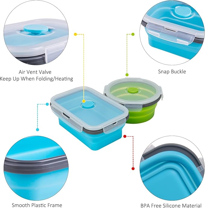 Collapsible Food Storage Containers with Lid & Air Vent, 8 Pack, 4 Rectangular + 4 Round, Annaklin Foldable Silicone Lunch Containers Collapsible Bowls Set, Microwave Freezer Dishwasher Safe, 4 Colors