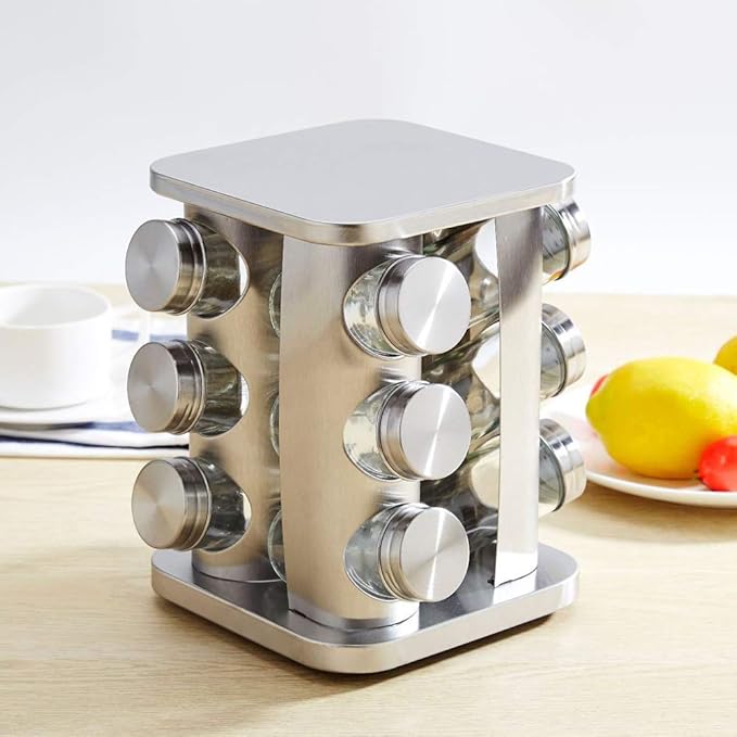 TINMIX Rotating Spice Rack Organizer with 12 Jars - Revolving Standing Seasoning Tower with 12 Glass Bottles for Countertop Kitchen Cabinet, Stainless Steel, Silver