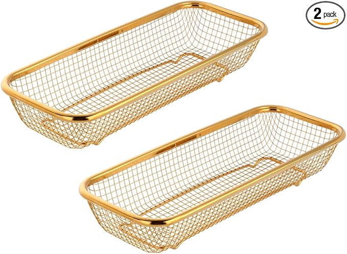 Kitchen Flatware Drawer Organizer, 2pcs Stackable Mesh Cabinet Storage Basket, Stainless Steel Kitchen Utensils Filter Drying Rack Holder for Knives, Fork, Spoon Chopsticks Gold