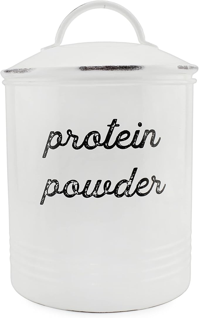 AuldHome Design Enamelware Protein Powder Canister; White Rustic Distressed Style Storage for Kitchen