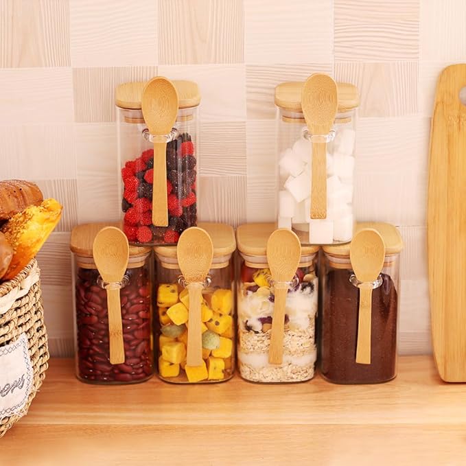 13 OZ Tea Containers for Loose Tea, Set of 6Tea Jars for Loose Tea, Glass Jars with Lids and Spoons, Sugar Container with Spoon Coffee Bar