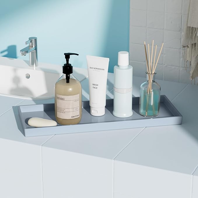 Vanity and Bathroom Tray, 15" ABS Countertop Organizer,Waterproof Vanity Tray for Toilet Tank,Perfume,Soap,Keys,Bathroom Accessories,Kitchen and Bath Trays,Non Slip Small Trays,Gray,2 Pack