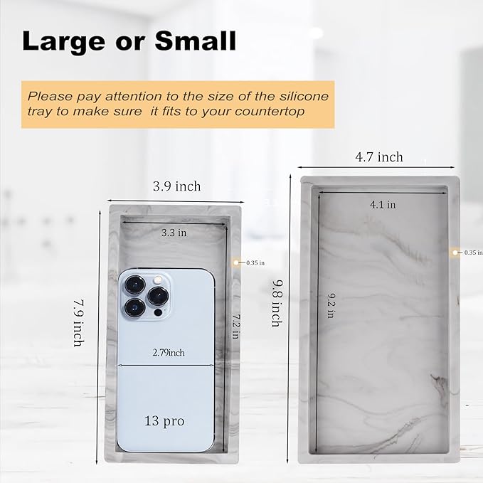Small Bathroom Vanity Silicone Tray for Counter, Rectangle Dish Soap and Sponge Holder for Kitchen Sink, Perfume Organizer for Dresser, Marble Grey