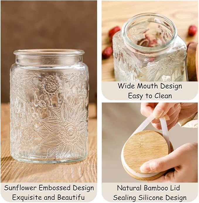 ANSQU Square Glass Jar, 25.3oz Vintage Glass Jar with Lid, Glass Food Storage Containers for Ground Coffee, Tea, Sugar, Candy, Decorative Glass Jar