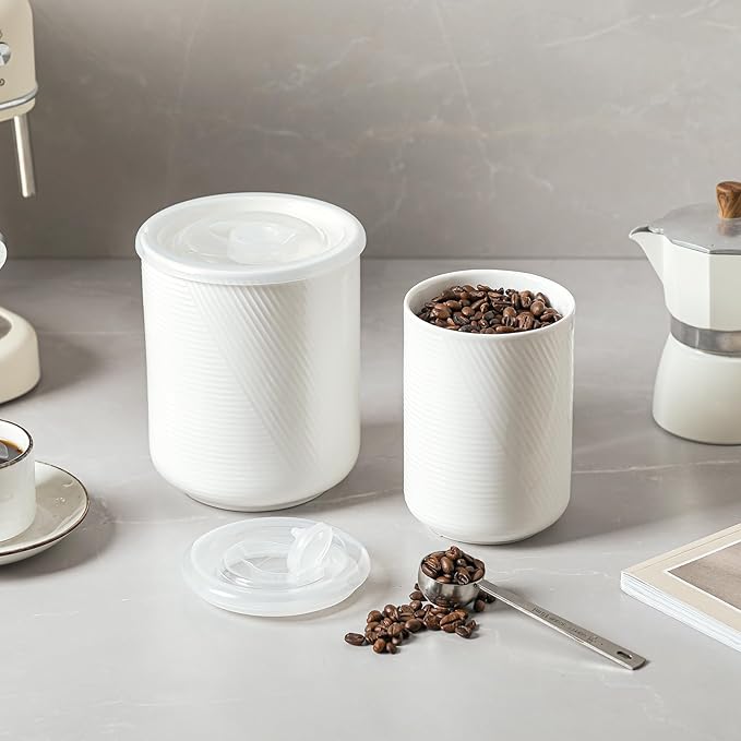 Canister Sets for Kitchen Countertop: Ceramic Food Storage Jar with Airtight Lids - Large Seal Damp-proof Containers for Coffee Tea Flour Sugar Rice Cookies Candy - White (23+42 oz)