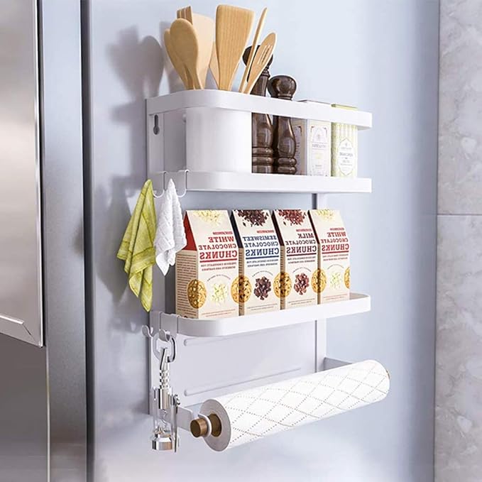 Magnetic Spice Rack for Refrigerator White Magnetic Paper Towel Holder for fridge Magnetic Shelf Magnetic Shelves Fridge Magnet Organizer Spice Rack Kitchen Organization Kitchen Storage