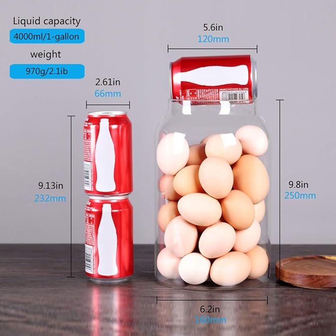 SAIOOL Egg Jar,kitchen canister, 1 Gallon Large Glass Food Storage Jars with Airtight Lid, Clear