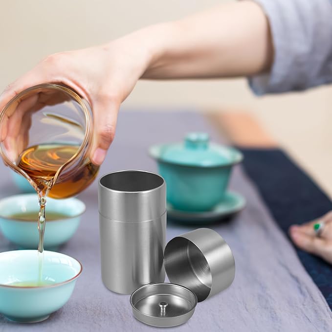 MAGICLULU Stainless Steel Tea Canister with Double Lid, Airtight Storage Container for Loose Tea, Herbs, Spices, Tea Bag Organizer for Home, Office, Kitchen, 5.51 X 3.14 Inches, Silver