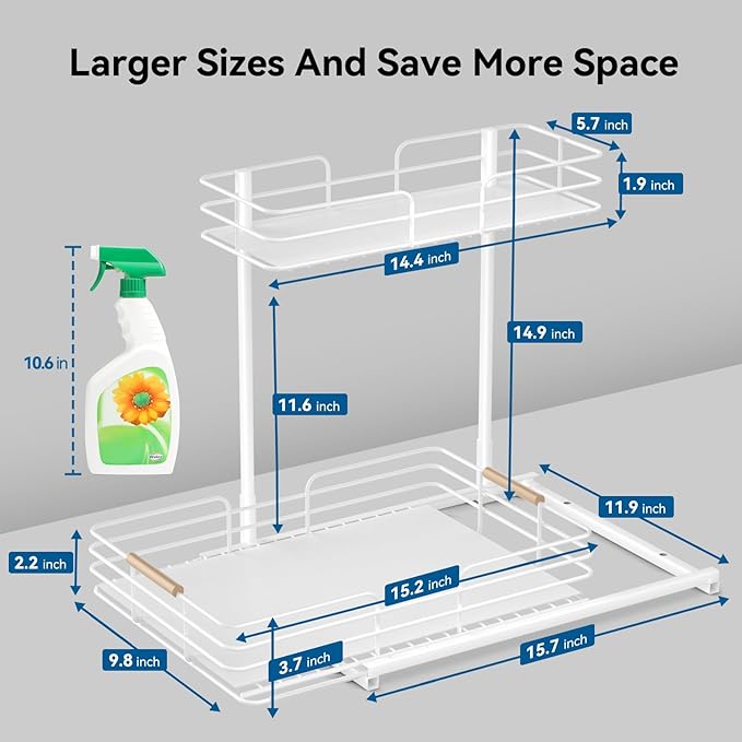 LAMU 2Pack Under Sink Organizers and Storage, 2 Tier Bathroom Kitchen Cabinet Organizers and Storage, Pull Out Under Sink Storage Kitchen Shelf Organizer for Under Counter Storage Organizer, White