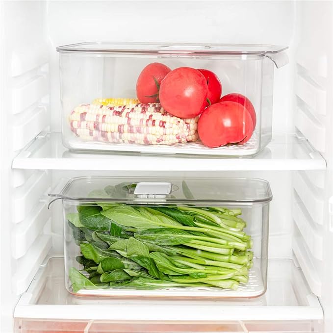 Slideep Refrigerator Food Storage Containers, Lettuce Keeper Large Produce Saver Stackable Container with Lids & Removable Drain Tray, Clear Veggie Fruit Salad Lettuce Container -2 Pack