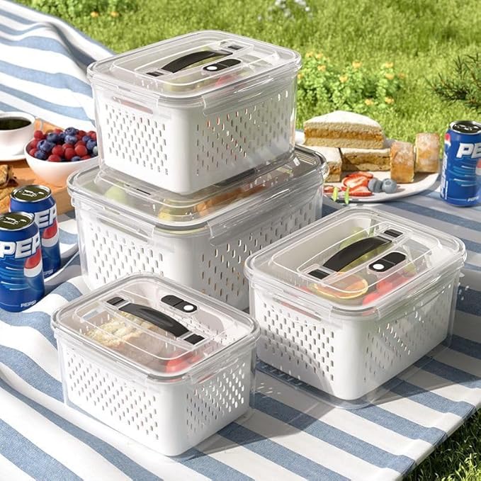 4 Pack Large Airtight Fridge Food Organizer Containers, Fruit and Vegetable Storage Containers with lids, Portable Outdoor Picnics Food Storage with Removable Colanders(4.15L+3.15L+1.7L+0.8L)