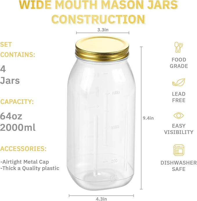 novelinks 4 Pack 64 OZ Plastic Wide Mouth Mason Jars with Airtight Lids - Wide Mouth Half Gallon Large Mason Jar 64 OZ Storage Canning Jar for Kitchen & Household Storage (Gold)