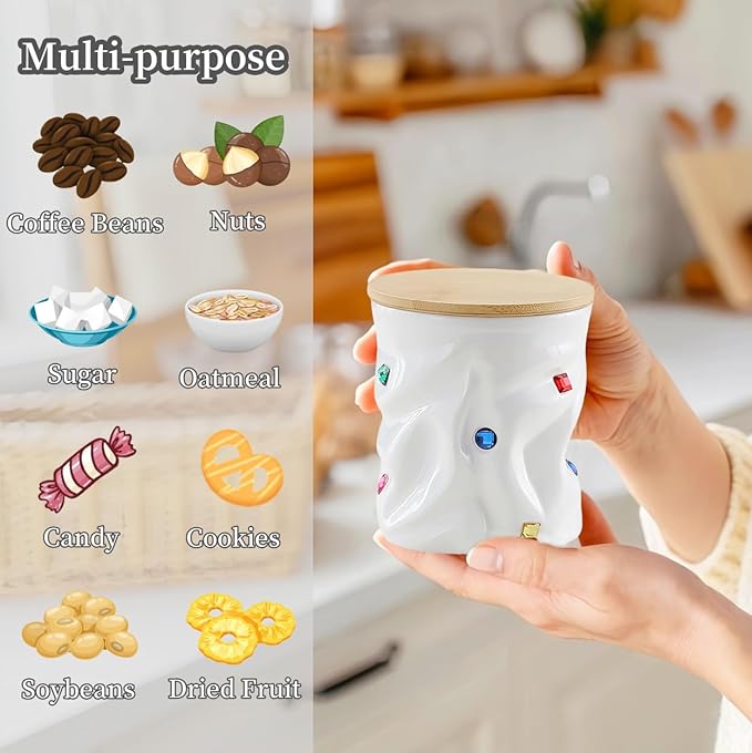 Ceramic Jar with Lid, Food Storage Jars with Bamboo Airtight Lids, Pantry Organizers and Storage Canisters for Tea, Sugar, Candies, Coffee Beans Canister (23.7 oz-white)