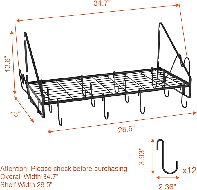 35 Inch Pot Rack Wall Mounted, Pots and Pans Organizer with 12 Hooks and 2 Pot Lid Holders, Heavy Duty Steel Pot and Pan Hanger for Kitchen Cookware Utensils Storage 34.7" Lx13 Wx12.6 H