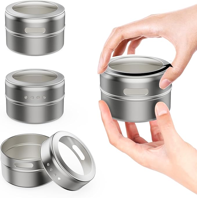 Set of 16 Magnetic Spice Tins with 4 Metal Wall-Plates,100 Preprinted Seasoning Label Stickers,2 Styles for 3 oz Herb Jars