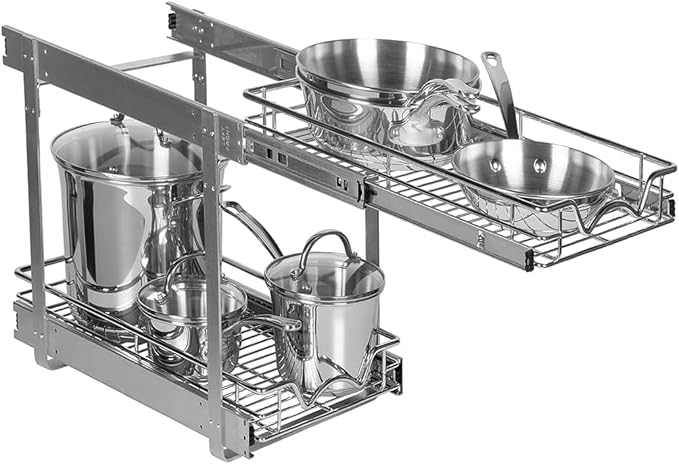 HOLDN’ STORAGE Pull Out Cabinet Organizer 2 Tier – Heavy Duty Metal with Lifetime Limited Warranty -Anti Rust Chrome Finish -8.5" W x 21" D x 16-1/2"H