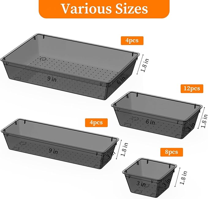 32 PCS Clear Plastic Drawer Organizer Set, 4-Size vanity organizer Trays and Storage Bins for Makeup, Jewelry and Gadgets in Bedroom, Bathroom and Office, Clear Black