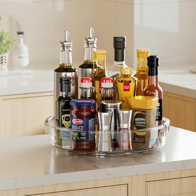 LAMU 2 Pack 12 Inch Lazy Susan Organizer Turntable for Cabinet, with High Edges to Prevent Falling, Large Clear Lazy Susan for Kitchen, Pantry, Refrigerator, Countertop, Table, Bathroom