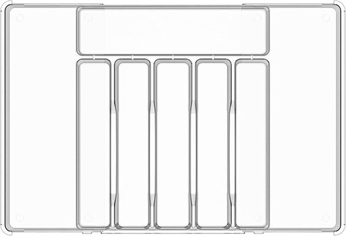Acina Silverware Organizer for Kitchen Drawers: Expandable Cooking Utensil Tray - Adjustable Cutlery Flatware Holder - Spatula Tools Gadgets Storage Divider Clear (Expandable Tray with 8-Drawers)