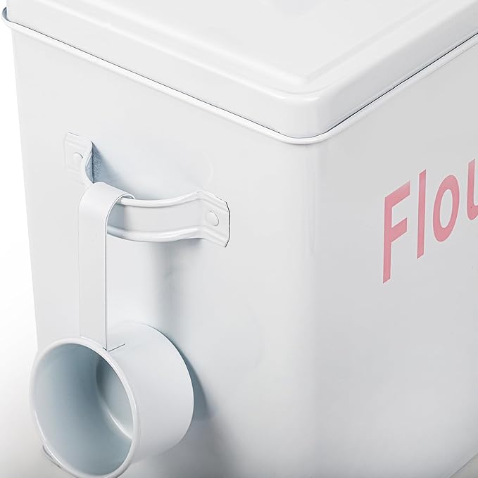 Youeon 200 Oz/25 Cup Metal Flour Storage Container with Airtight Lid and Measuring Scoop, Square Flour Canister with Handle, White Storage Canister for Kitchen Counter, Farmhouse Decor