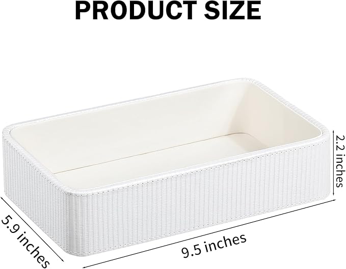 PU Leather Valet Tray Organizer, Small Nightstand Organizer Bedside Desktop Storage for Womens and Men, Perfume Trinket Catchall Vanity Tray for Key Watch Wallet (White, Rectangular)