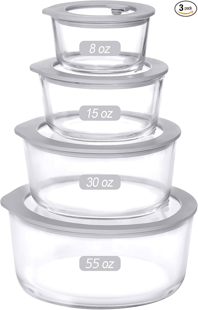 Glass Food Containers with Glass Lid, Microwave Safe Glass Food Storage Container, Large 4 Pack Round Shape, Glass Food Containers with Lids, Glass Meal Prep containers with Leak Proof Lid.