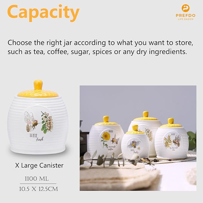 Kitchen Storage Canisters Honey Bee & Flower Pattern Ceramic Tea Coffee Sugar Storage Canister Jar with Airtight Lid for Home Modern Kitchen, 1100ml/37oz, X Large