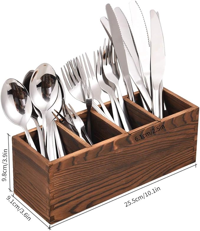 Wooden Silverware Caddy, Kitchen Utensil Holder with 4 Adjustable Compartments, Silverware Storage Kitchen Flatware Caddy
