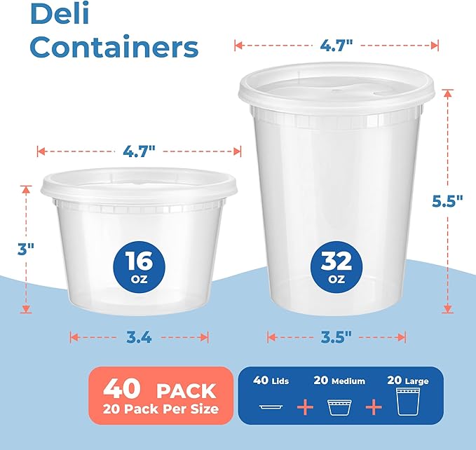 Fit Meal Prep 40 Pack 16 32 oz Deli Containers with Lids Variety Pack, US Made Leakproof Assorted Plastic Soup Container, Combo Clear Food Storage Containers for Restaurant, Microwave Freezer Safe