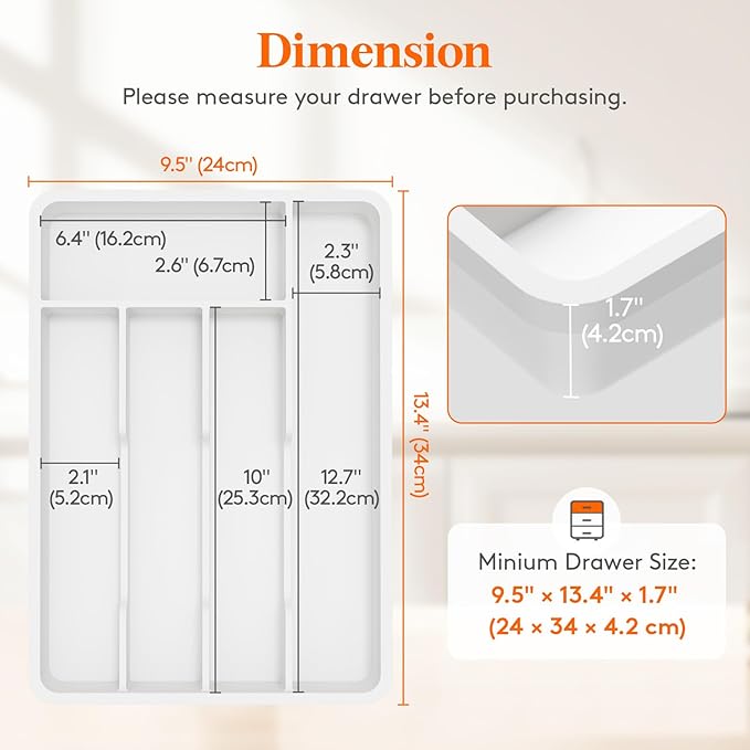 Lifewit Silverware Tray, Deep Wide Cutlery Drawer Organizer Storage for Kitchen, Plastic Flatware Utensil Holder Divider for Spoons Forks Knives Tableware, 5 Compartment, White