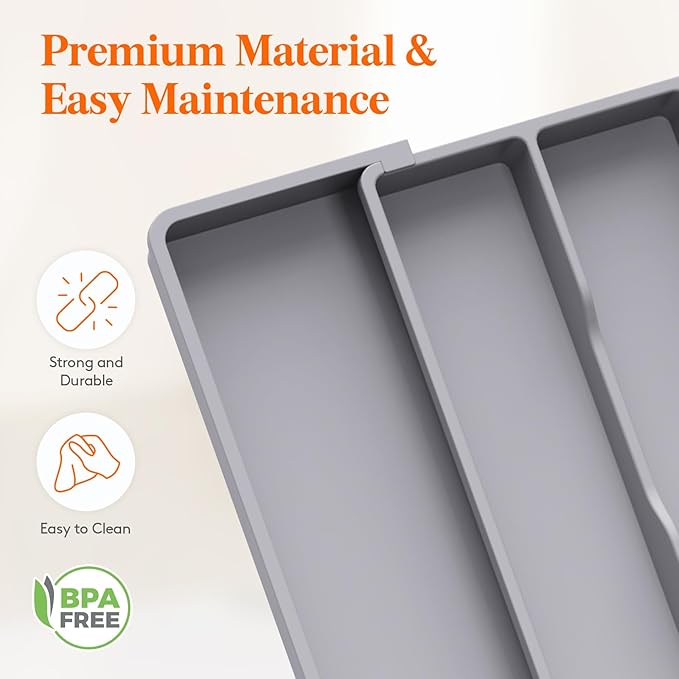 Lifewit Silverware Drawer Organizer and Utensil Organizer Set, Expandable Cooking Cutlery Tray for Kitchen, Adjustable Plastic Flatware Holder Storage Divider for Spoons Forks Knives, Large, Gray