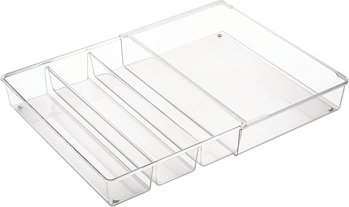 mDesign Plastic Adjustable/Expandable Divided Drawer Storage Organizer with 4 Compartments for Kitchen Pantry, Cupboard, Cabinet, Hold Silverware, Utensils, Cutlery - Ligne Collection - Clear