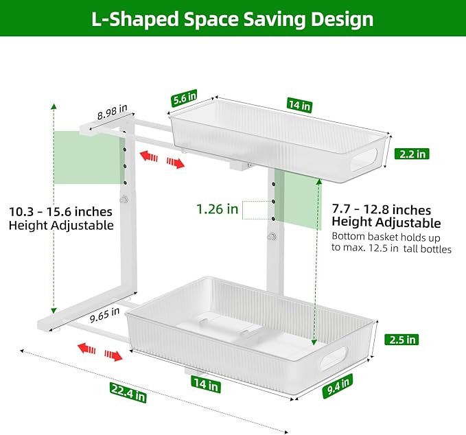 2 Pack Under Sink Organizer, Pull Out Cabinet Organizer 2 Tier Slide Out, Under Sink Organizers and Storage Height Adjustable for Kitchen Bathroom Cabinet, Metal