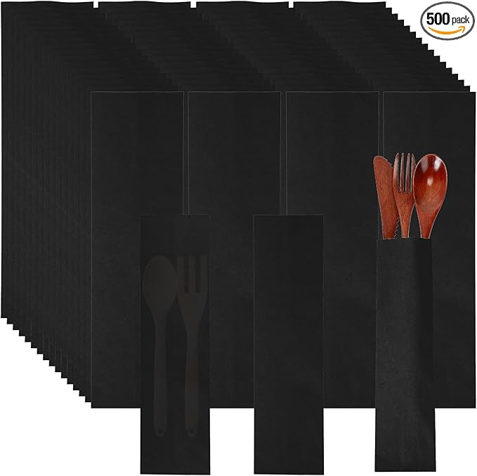 Geelin 500 Pcs Paper Silverware Bags 10" x 2-3/4" Kraft Utensils Sleeves for Restaurant Flatware Holder Unprinted Cutlery Bags Chopsticks Holder Christmas Wedding Party Tableware (Black)